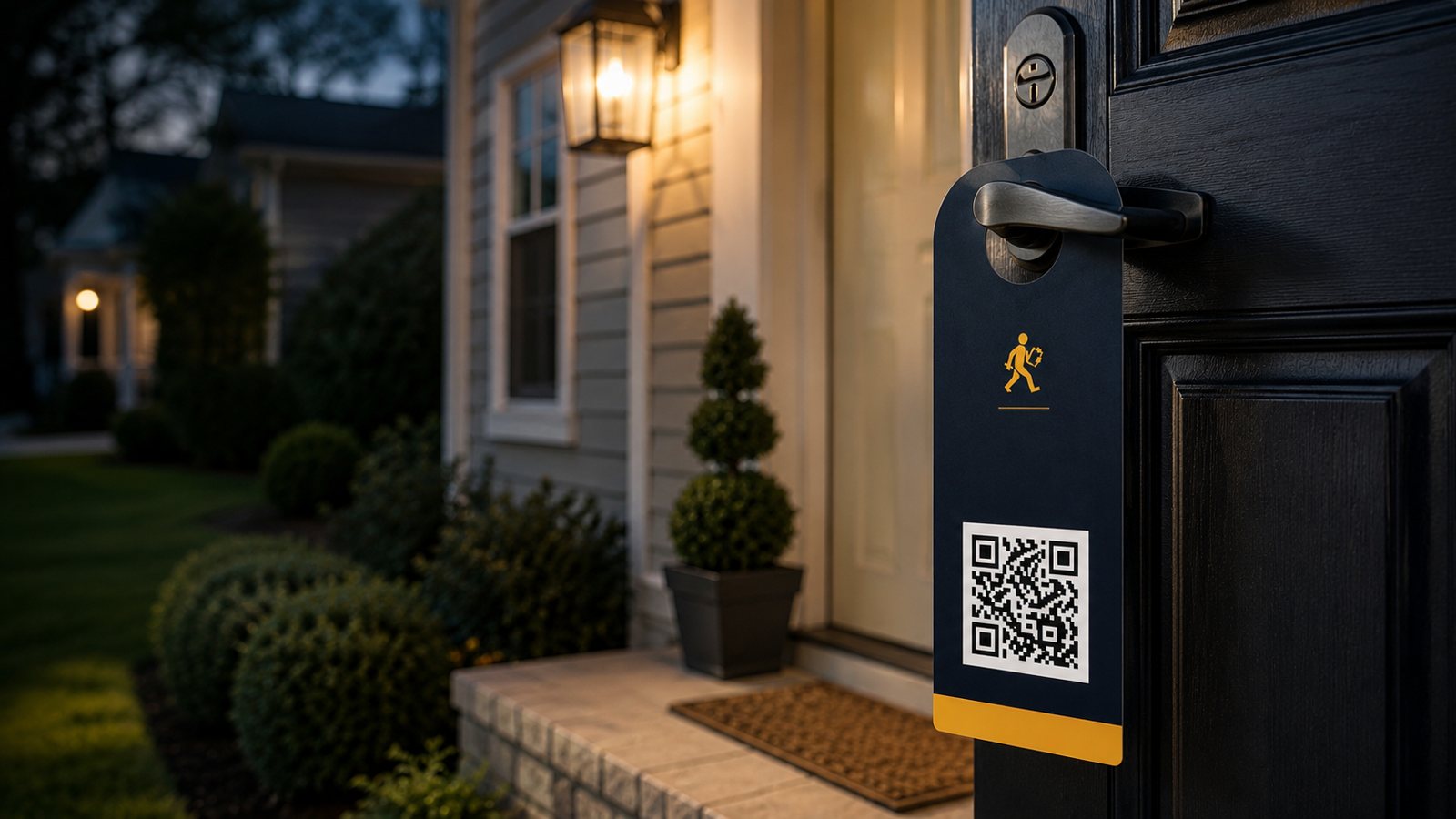Canvassing Gold QR door hanger left on a front door at dusk