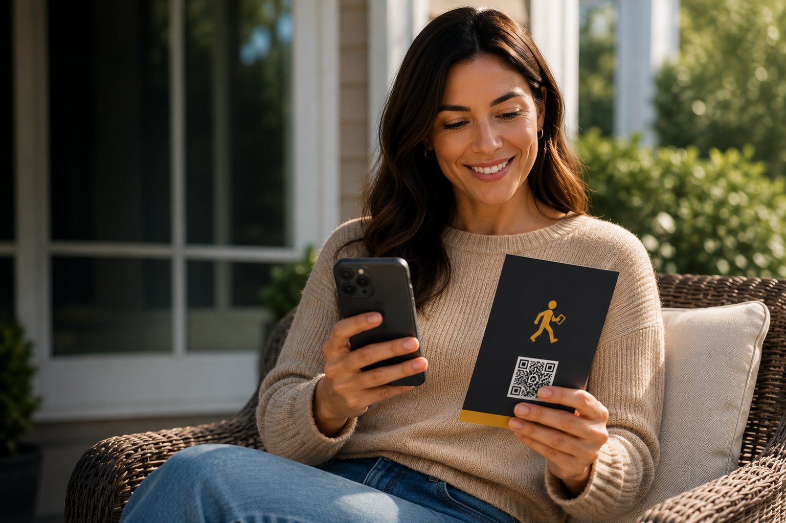 A homeowner on her porch scanning a Canvassing Gold QR door hanger with her phone
