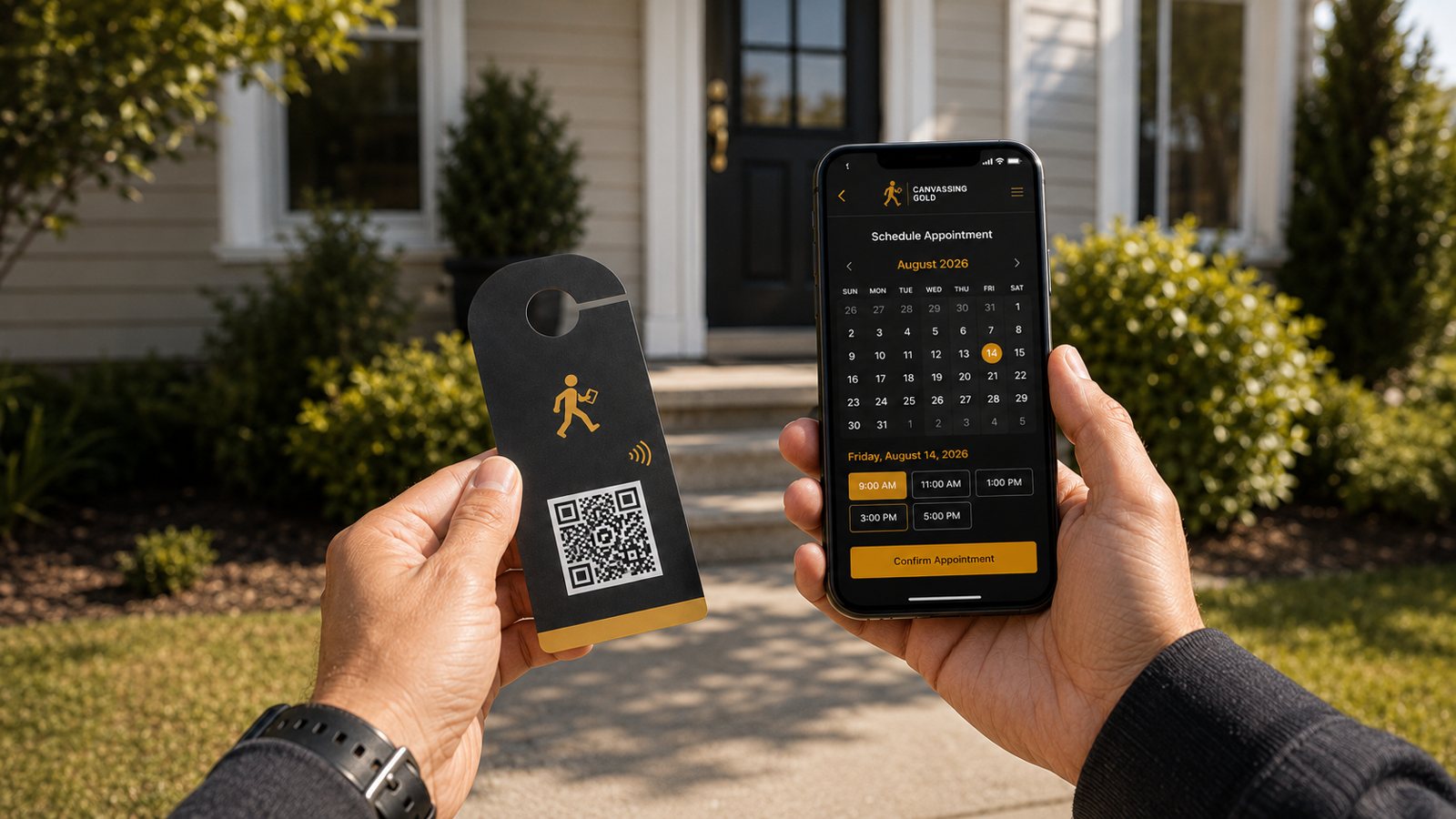 A Canvassing Gold QR door hanger held next to a phone showing the booking screen