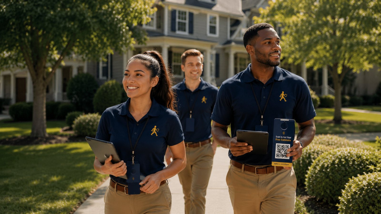 Three Canvassing Gold canvassers walking a suburban street with QR door hangers